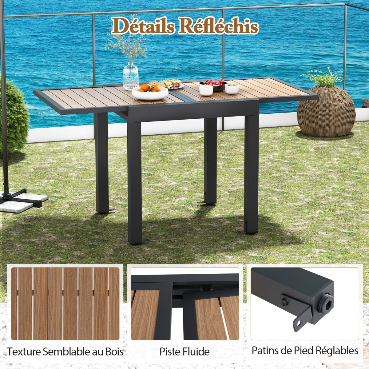 Table de Jardin Extensible en Aluminium Ajustable de 80 à 160 CM Table à Manger Extérieure Rectangulaire pour 4-6 Personnes Naturel