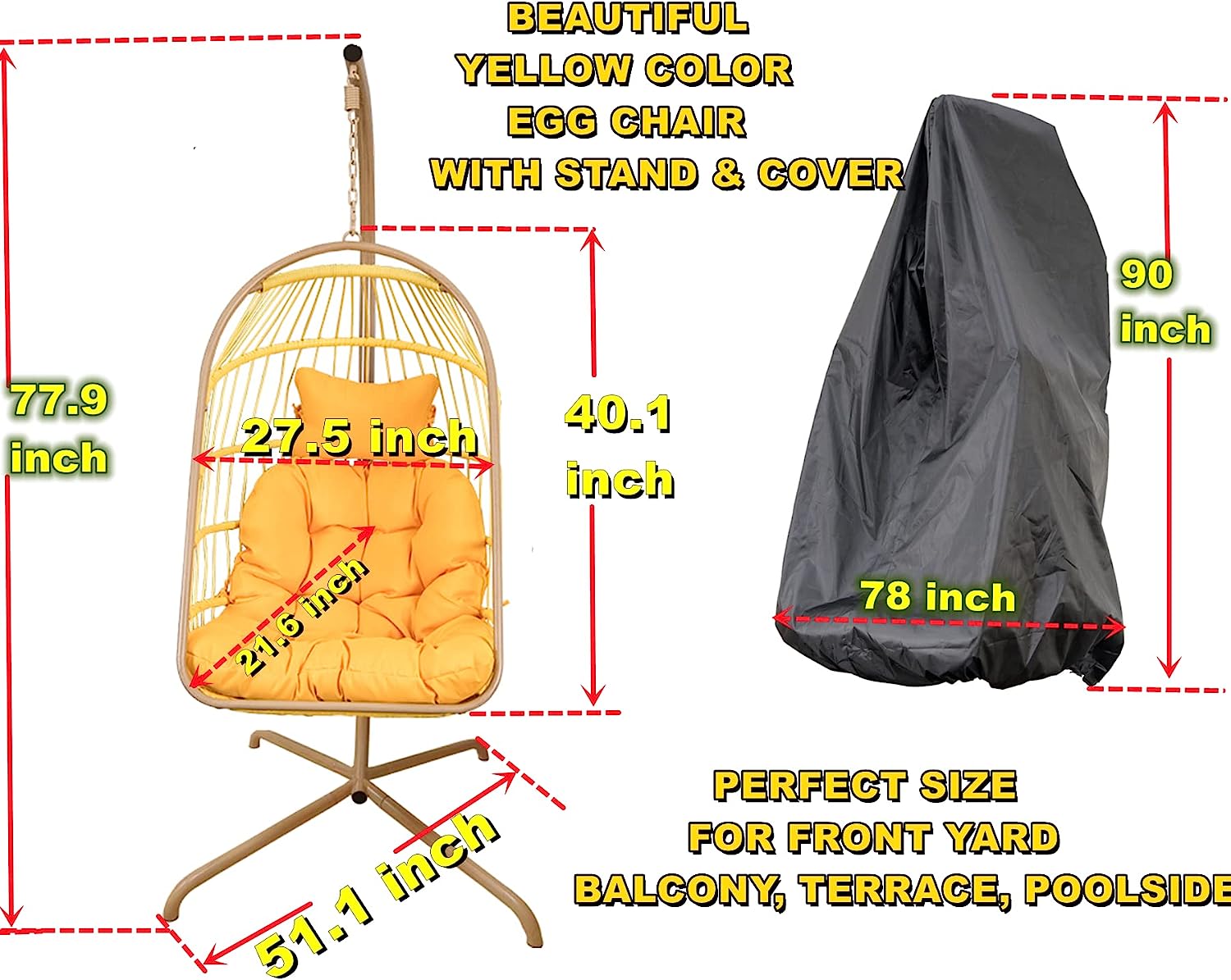 MOJIA Egg Chair with Stand and Oxford Cover, Patio Wicker Hanging Swing Chair with UV Resistant Cushion and Foldable Seat Basket