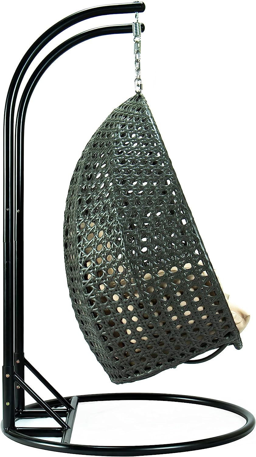 LeisureMod 2 Person Hanging Double Swing Chair, X-Large Wicker Rattan Egg Chair with Stand and Cushion for Indoor Outdoor Patio Garden (Light Green)