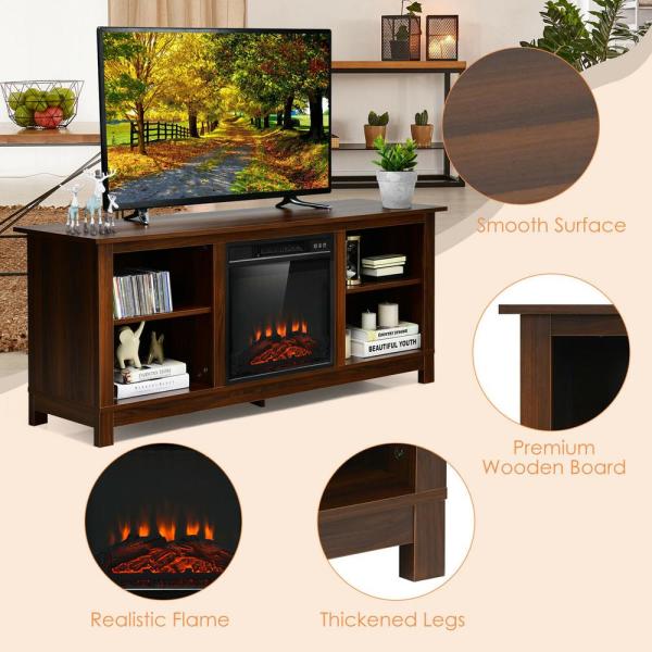 58 in. Fireplace TV Stand with 18 in. 1400-Watt Electric Fireplace 65 in. Walnut (2-Tier)