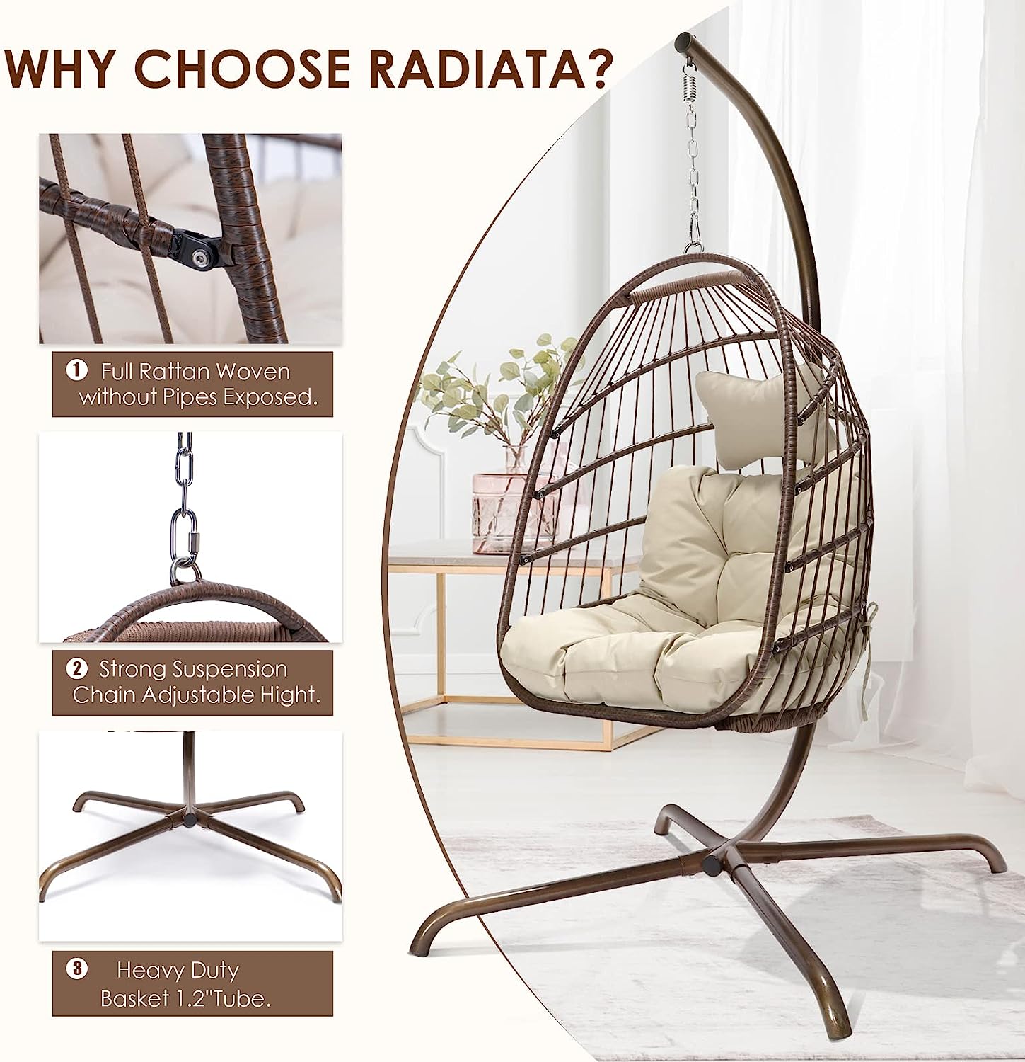 RADIATA Double Egg Chair with Stand Luxury Outdoor Patio Wicker Loveseat Hanging Swing Egg Chairs with Resistant Cushions Metal Frame 500 lbs Capaticy for 2 Persons Patio Backyard Balcony
