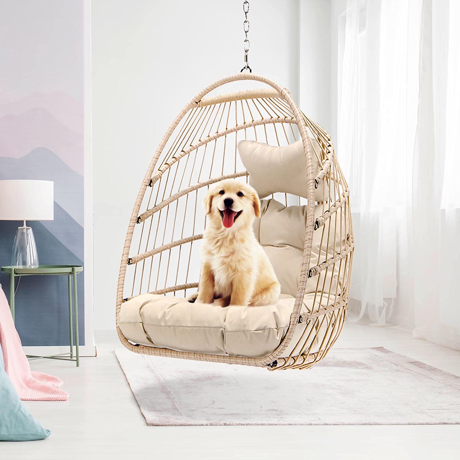 Swing Egg Chair Without Stand Indoor Outdoor Wicker Rattan Patio Basket Hanging Chair with UV Resistant Cushions 265lbs Capaticy for Bedroom Balcony Patio (Without Stand)