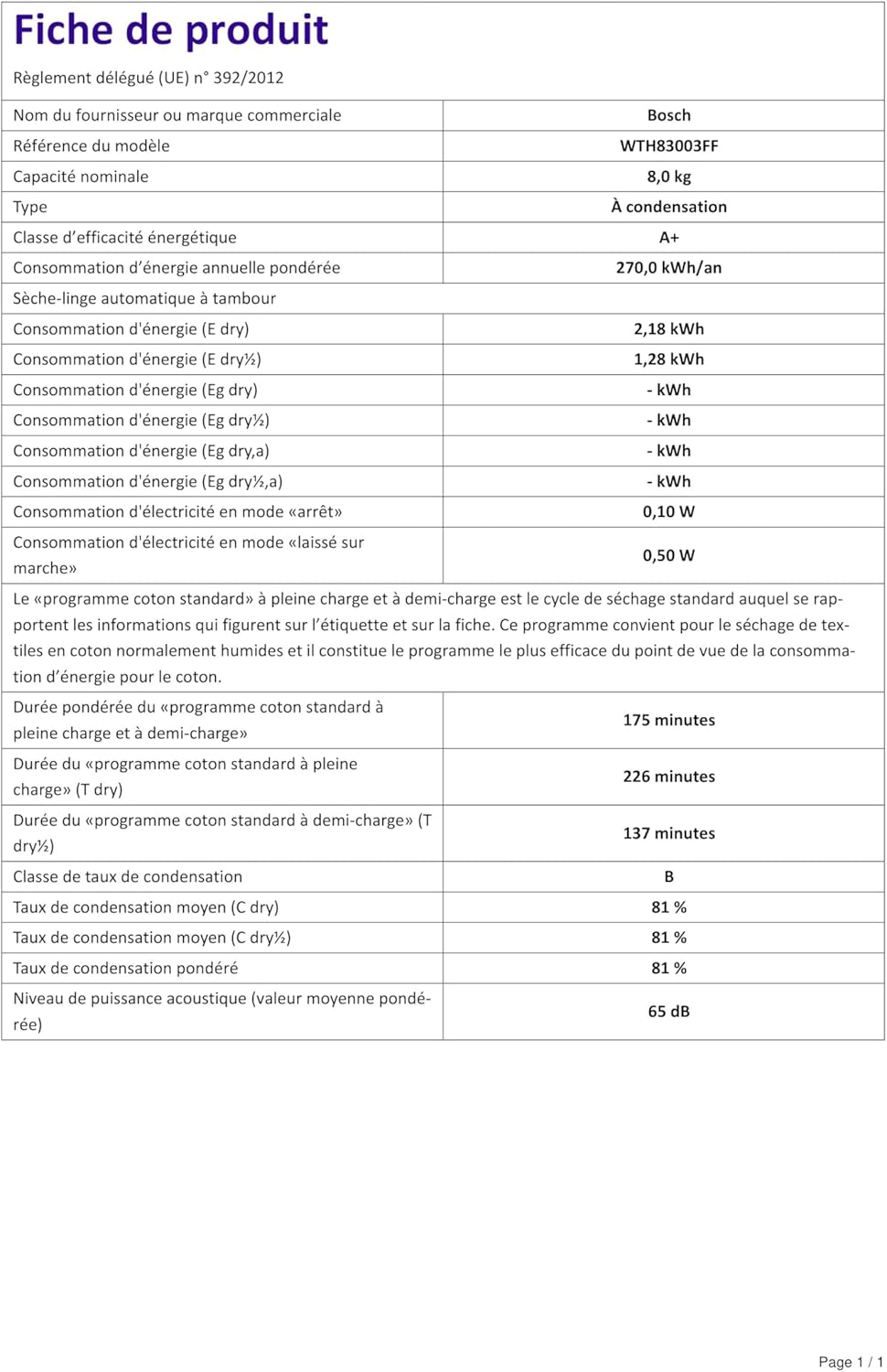 Bosch WTN85V07FF Sèche linge à condensation Série 4 - Silencieux - Pose Libre - 7kg - 112 L - Blanc