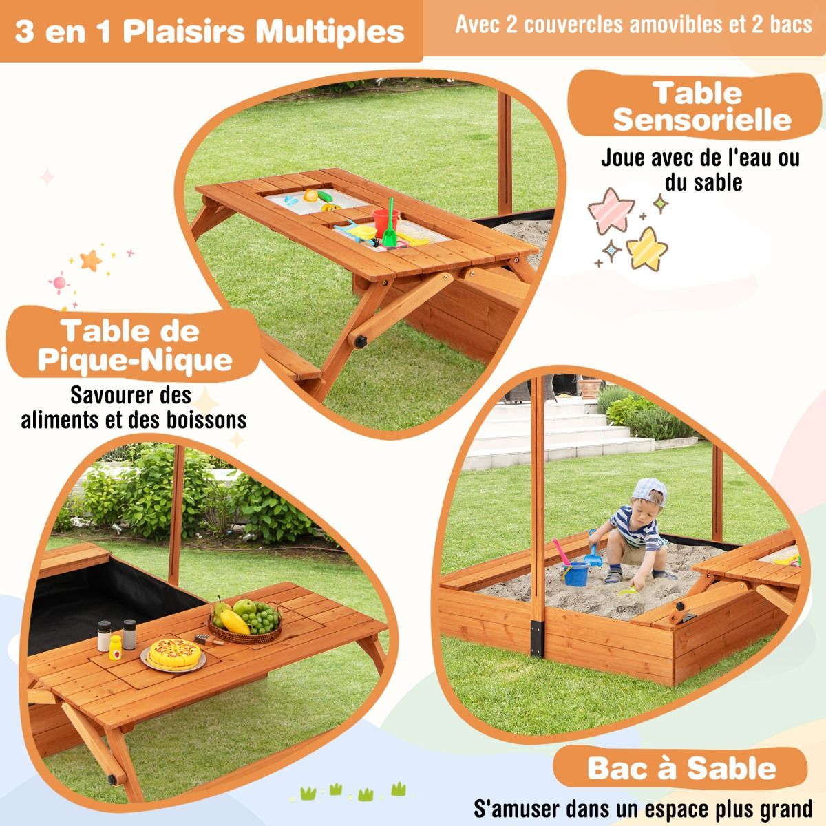Bac à Sable en Bois pour Enfants avec Couvercle Aire de Jeux avec Table Sensorielle Pliable & Banc Parasol Ajustable pour 3+ Ans Naturel