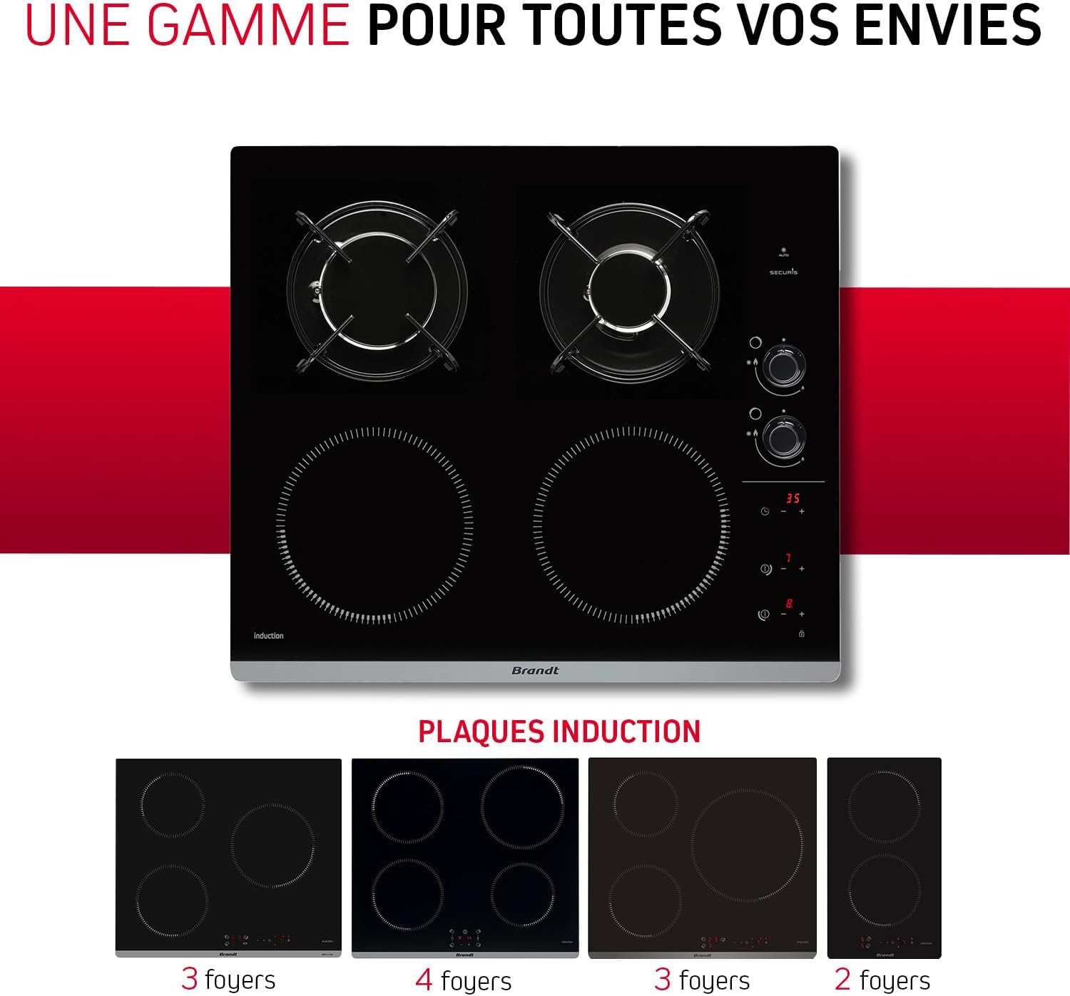 Brandt - BPI6413BM - Plaque Induction et Gaz - Table de Cuisson - Noir - 4 Foyers - 3400W Electrique et 4600 Gaz - Dimensions Encastrement : 56x49cm - 9 Positions par Foyer - Fabriqué en France