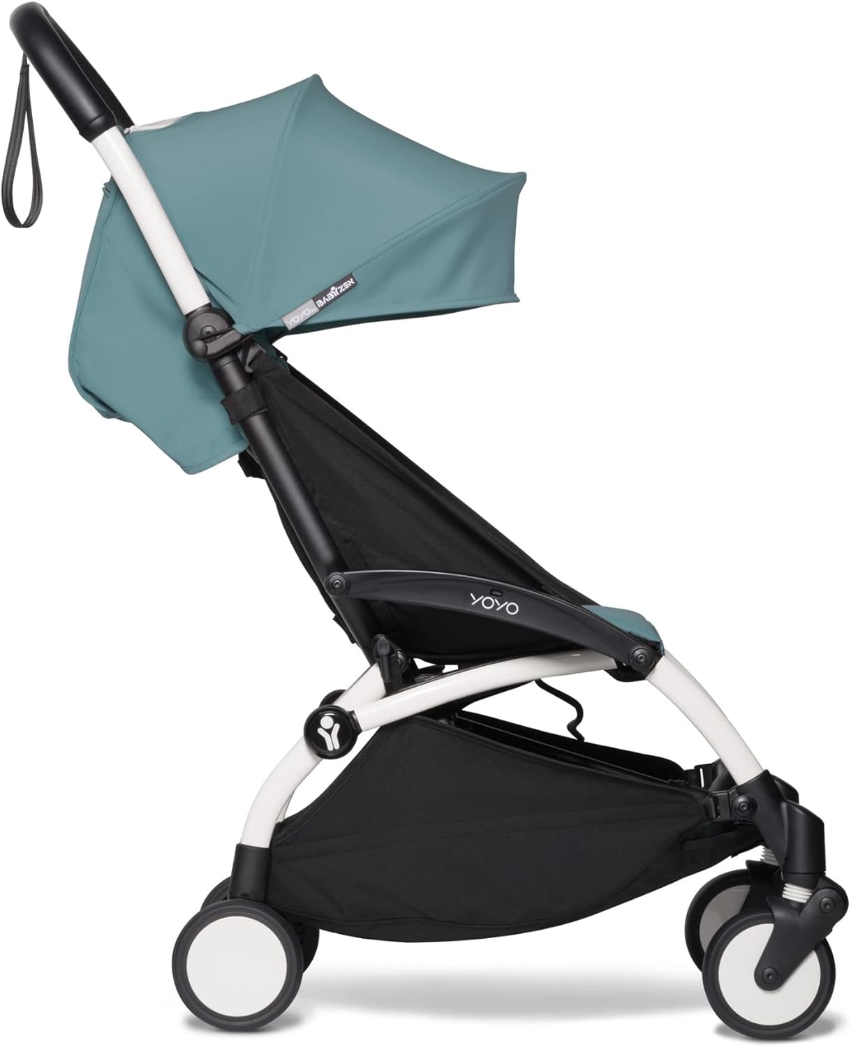 Poussette BABYZEN YOYO2 6+ (Cadre noir + pack couleur Aqua) - Comprend un harnais, un dossier, des arceaux de capote, une bandoulière, un coussin d’assise, et une capote assortie
