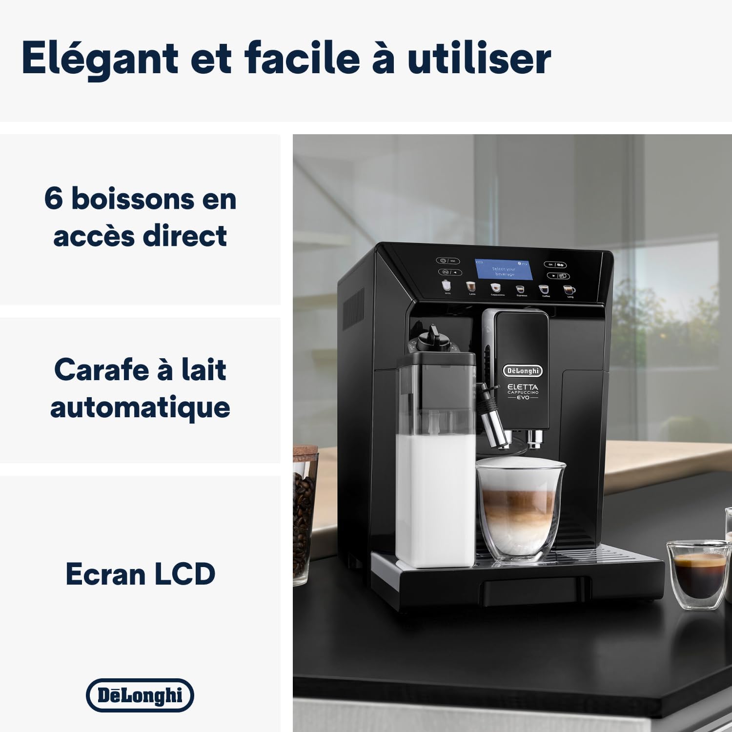 De'Longhi Eletta Evo Machine a Café Grain ECAM46.860.B, Machine Expresso et Cappuccino, Ecran LCD Tactile, Noir