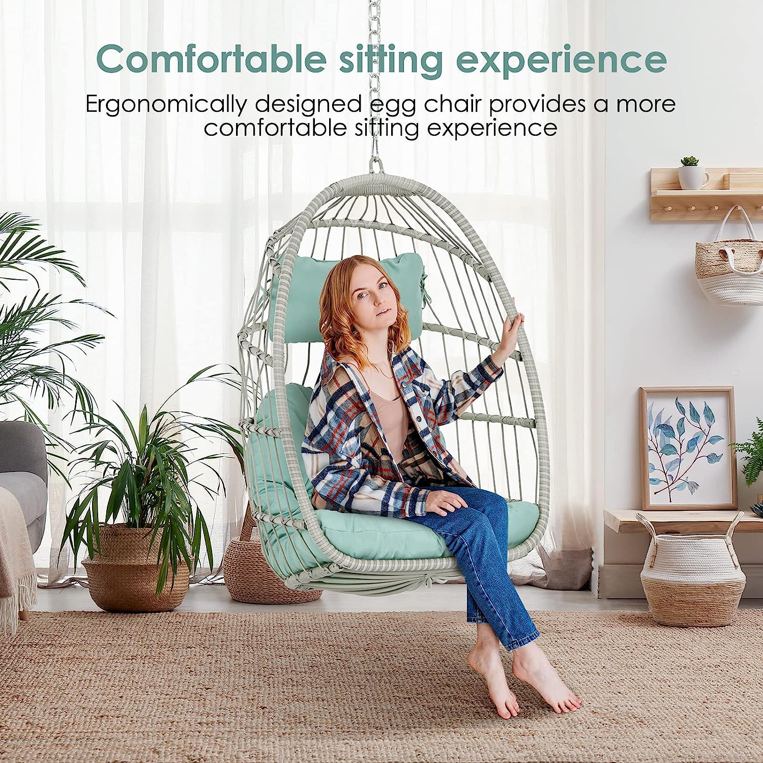 Hanging Egg Chair Without Stand - Foldable Indoor Outdoor Wicker Rattan Swing Egg Chair with Hanging Chain Hammock Chair - UV Resistant Cushions & Aluminum Frame for Bedroom Patio Camping (Grey)