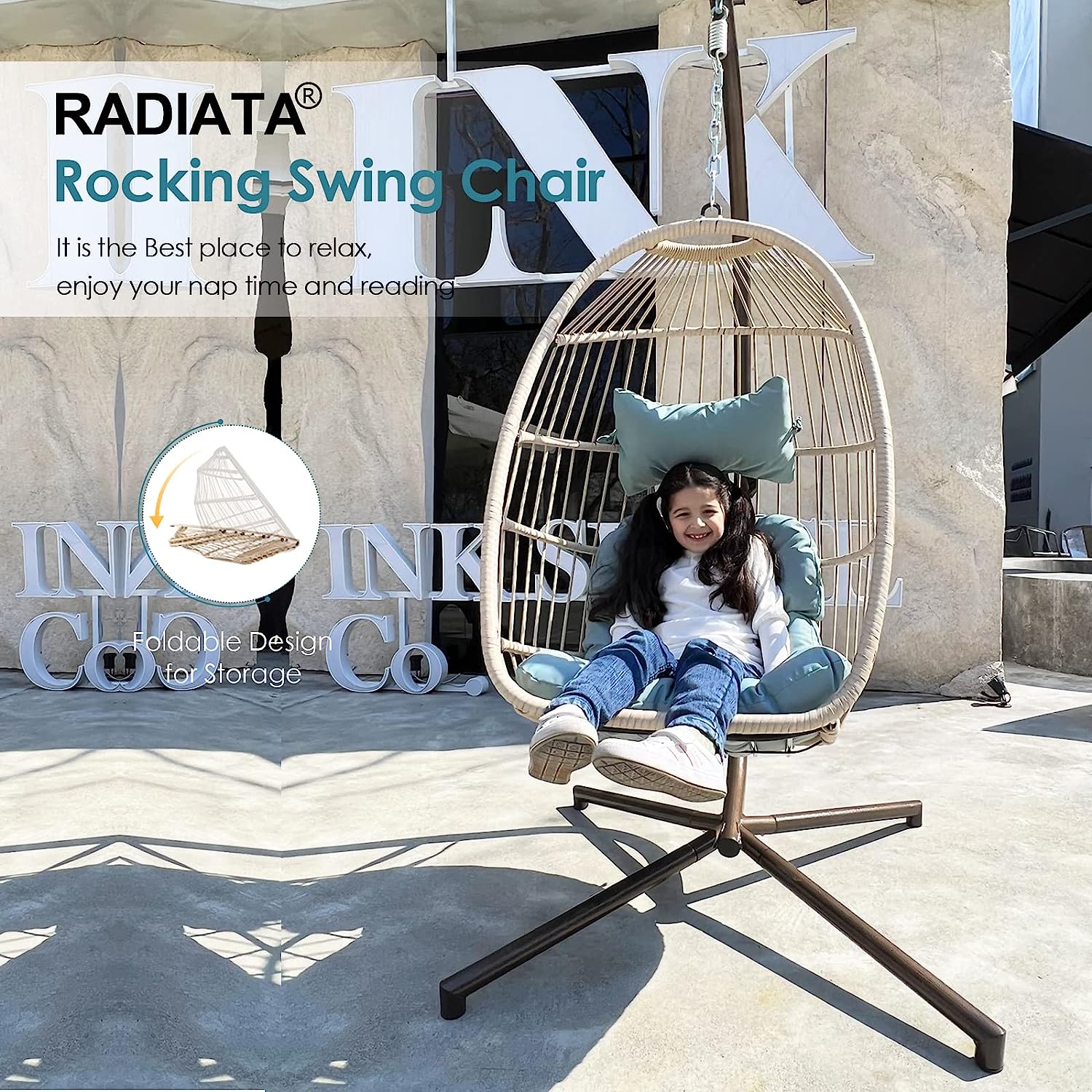 RADIATA Double Egg Chair with Stand Luxury Outdoor Patio Wicker Loveseat Hanging Swing Egg Chairs with Resistant Cushions Metal Frame 500 lbs Capaticy for 2 Persons Patio Backyard Balcony