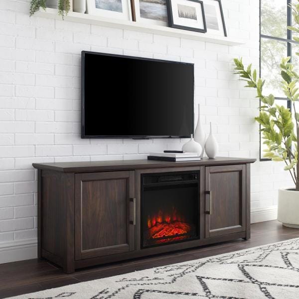 Camden Dark Walnut 58 in. Low Profile TV Stand with Fireplace Fits 60 in. TV with Cable Management