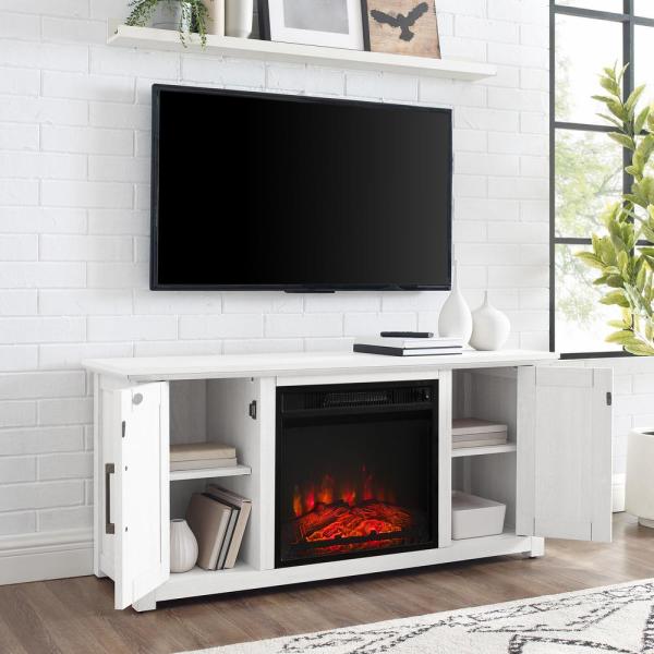 Camden Whitewash 48 in. Low Profile TV Stand with Fireplace Fits 50 in. TV with Cable Management