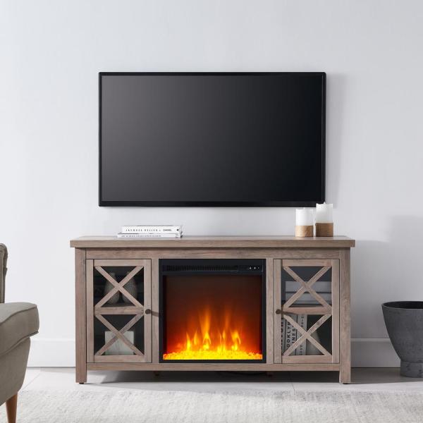 Colton 47.75 in. Gray Oak TV Stands with Crystal Fireplace Insert
