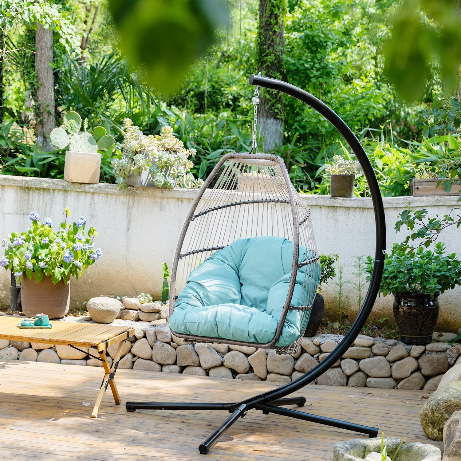 Hanging Swing Chair Egg Chair Hammock Chair Basket Chair UV Resistant Cushion with Stand for Indoor Bedroom Outdoor Garden Backyard,Blue