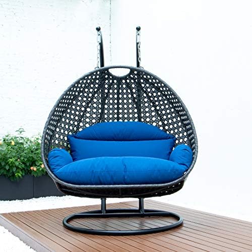 LeisureMod 2 Person Hanging Double Swing Chair, X-Large Wicker Rattan Egg Chair with Stand and Cushion for Indoor Outdoor Patio Garden (Light Green)
