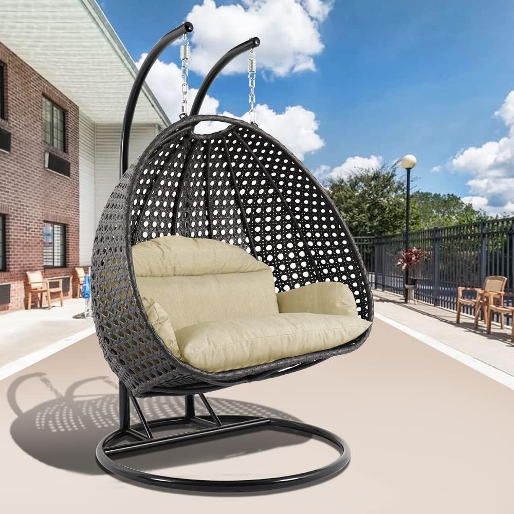 LeisureMod 2 Person Hanging Double Swing Chair, X-Large Wicker Rattan Egg Chair with Stand and Cushion for Indoor Outdoor Patio Garden (Light Green)