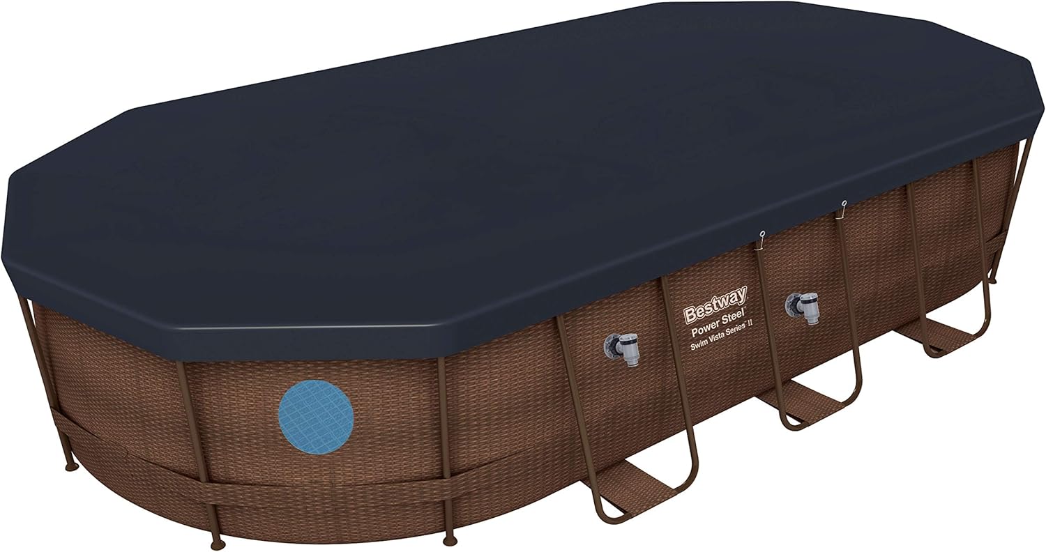 Bestway 56946 Piscine Power Steel™ Swim Vista ovale 488 x 305 x 107 cm motif rotin avec hublots, filtration à sable, échelle, bâche et diffuseur Chemconnect™