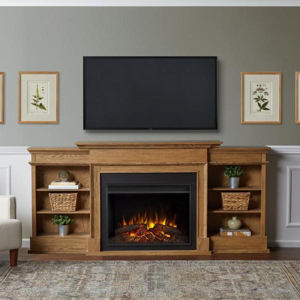 Ashton 92 in. Freestanding Electric Fireplace TV Stand in English Oak