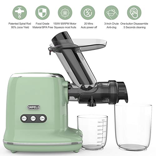 Juicer Machines, Orfeld Cold Press Juicer with 95% Juice Yield & Purest Juice, Easy Cleaning & Quiet Motor Masticating Juicer Machines for Vegetables and Fruits (Green)