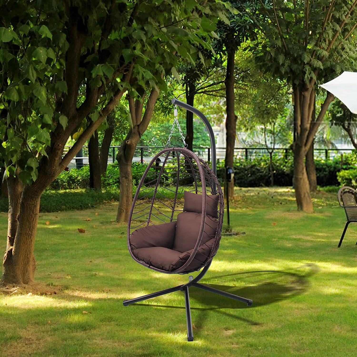 VARVIND Hammock Chair,Swing Egg Chiar with Stand and Cushions, Pillow, Foldable Wicker Rattan Hanging Egg Chair,Adjustable Height,Anti-UV&Waterproof, Indoor and Outdoor Use,286Lbs(Brown)