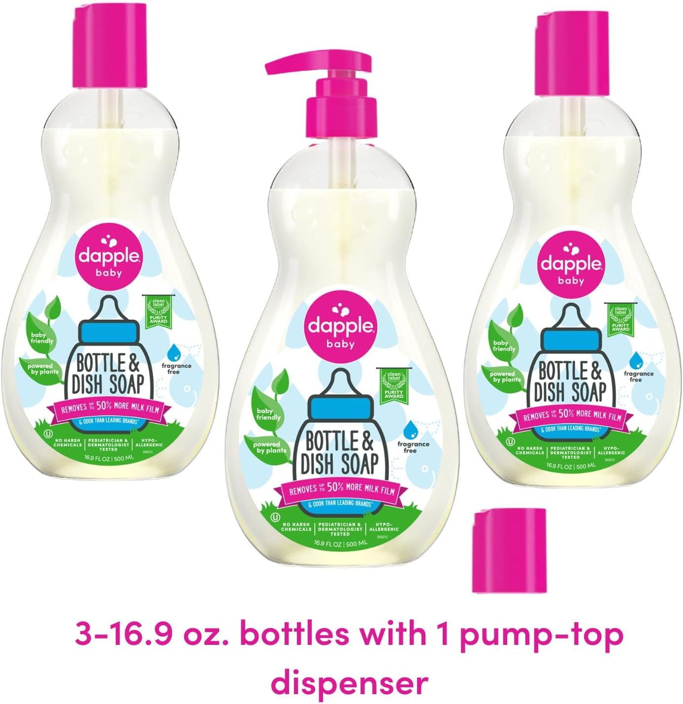Dapple Baby, Bottle and Dish Soap Dish Liquid Plant Based Hypoallergenic 1 Pump Included, Packaging May Vary, Fragrance Free, 16.9 Fl Oz (Pack of 3)