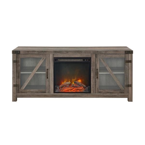 58 in. Grey Wash Glass Barn Door Fireplace Console