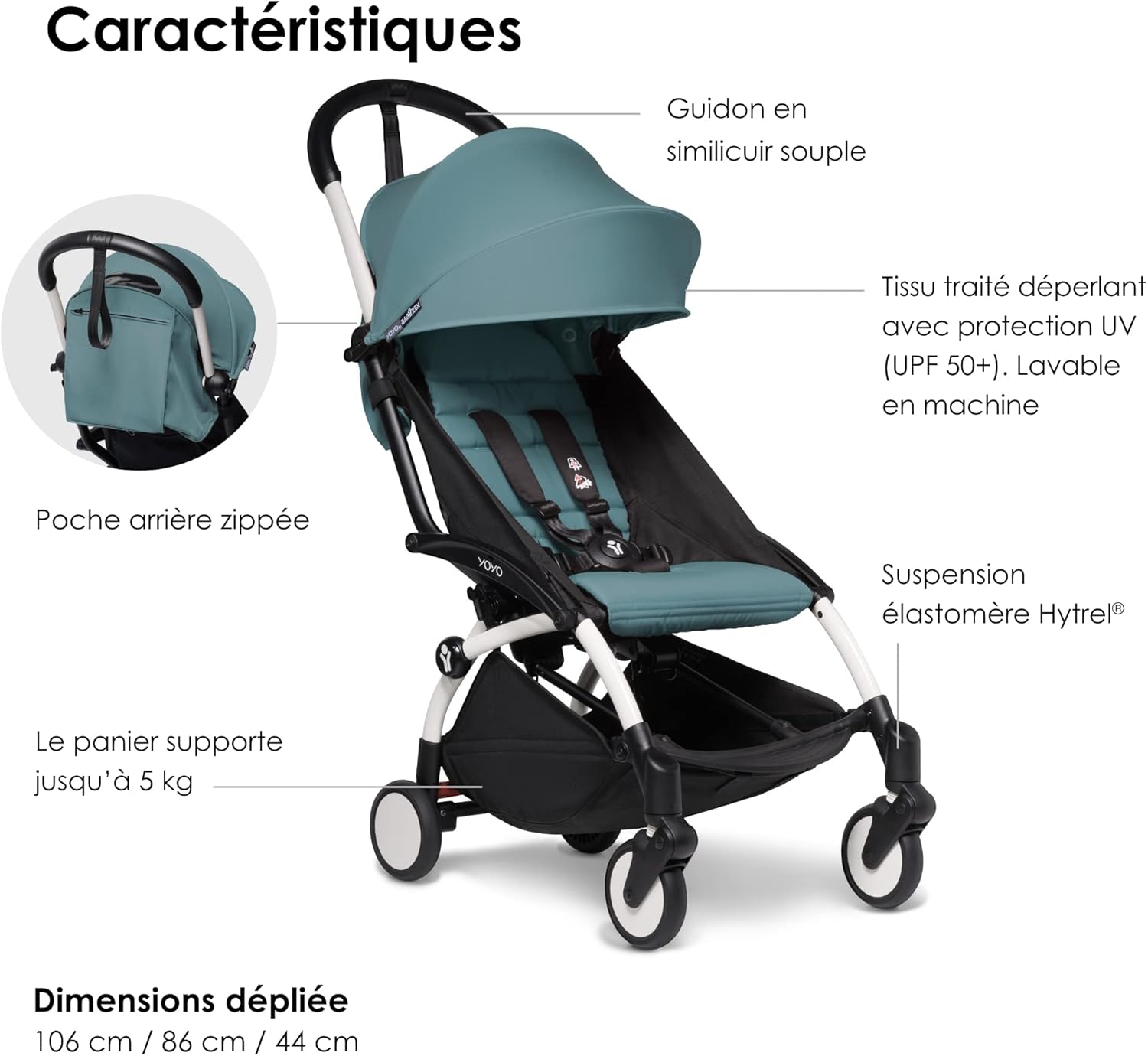 Poussette BABYZEN YOYO2 6+ (Cadre noir + pack couleur Aqua) - Comprend un harnais, un dossier, des arceaux de capote, une bandoulière, un coussin d’assise, et une capote assortie