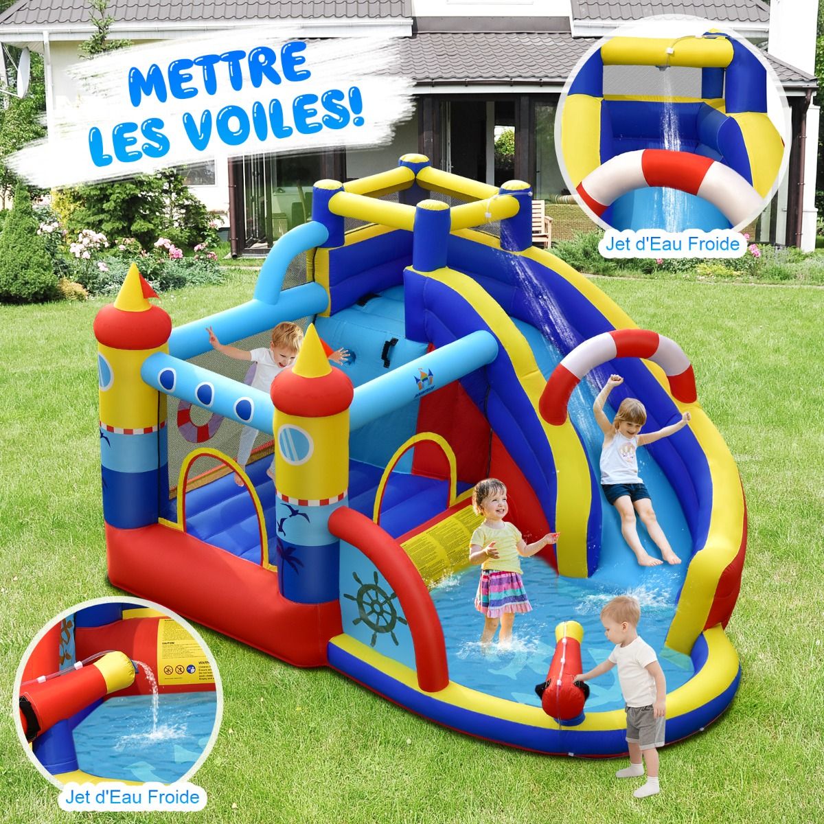 Château Gonflable Style Bateau avec Toboggan Incurvé Zone de Saut Mur d'Escalade avec Gonfleur 450 W