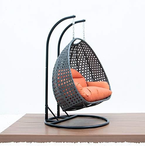 LeisureMod 2 Person Hanging Double Swing Chair, X-Large Wicker Rattan Egg Chair with Stand and Cushion for Indoor Outdoor Patio Garden (Light Green)