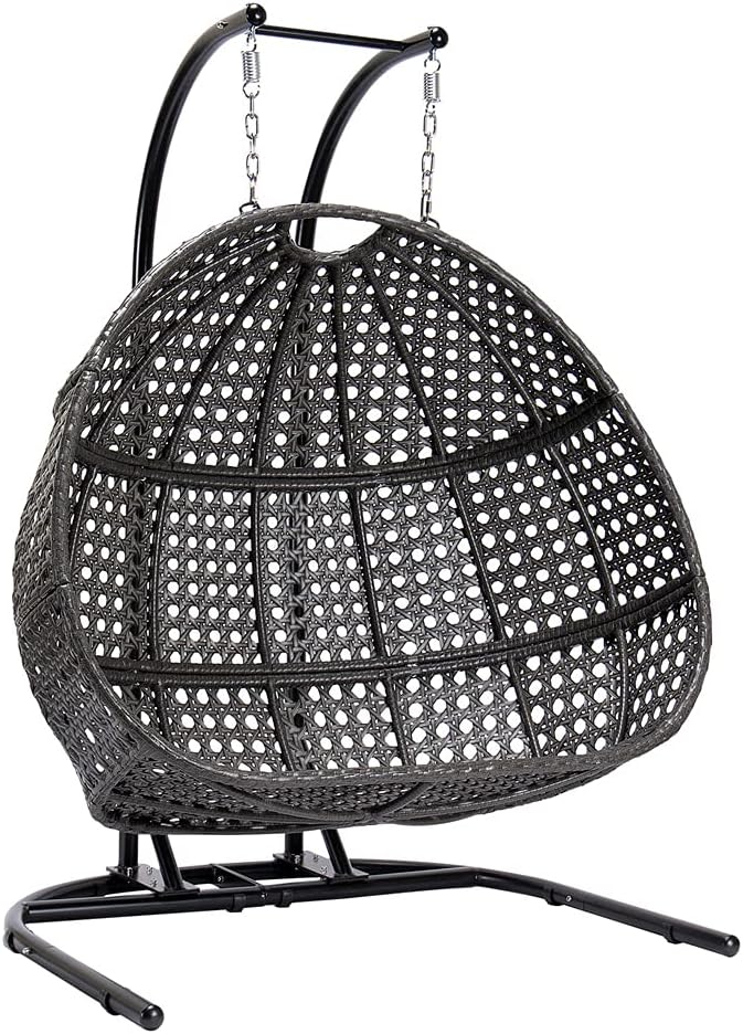 Hanging Egg Chair with Stand, 2 Person Heavy Duty Hanging Wicker Rattan Swing Chair Basket Hammock Nest Chair Seat for Indoor Outdoor Patio Lounger Swinging Loveseat (Beige)