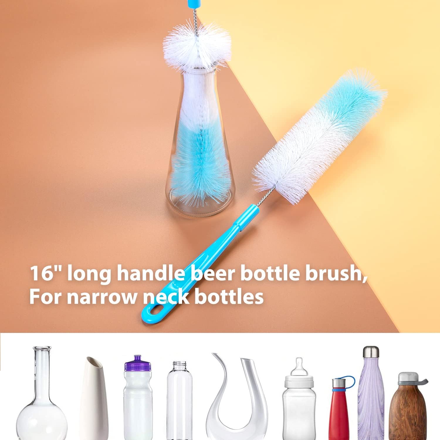 Holikme 8 Pack Bottle Brush Cleaning Set, Long Handle Bottle Cleaner for Washing Narrow Neck Beer Bottles Wine Decanter Narrow Cup Pipes Sinks Cup Cover, White