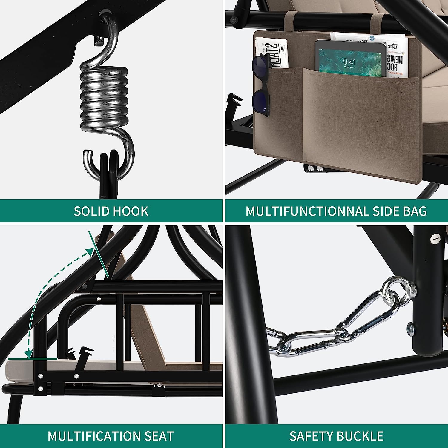 YITAHOME Porch Swing Bed 3-Seats Outdoor Patio Swing Heavy Duty Swing Chair with Adjustable Canopy Removable Cushion, Suitable for Adult in Garden, Poolside, Balcony, Brown