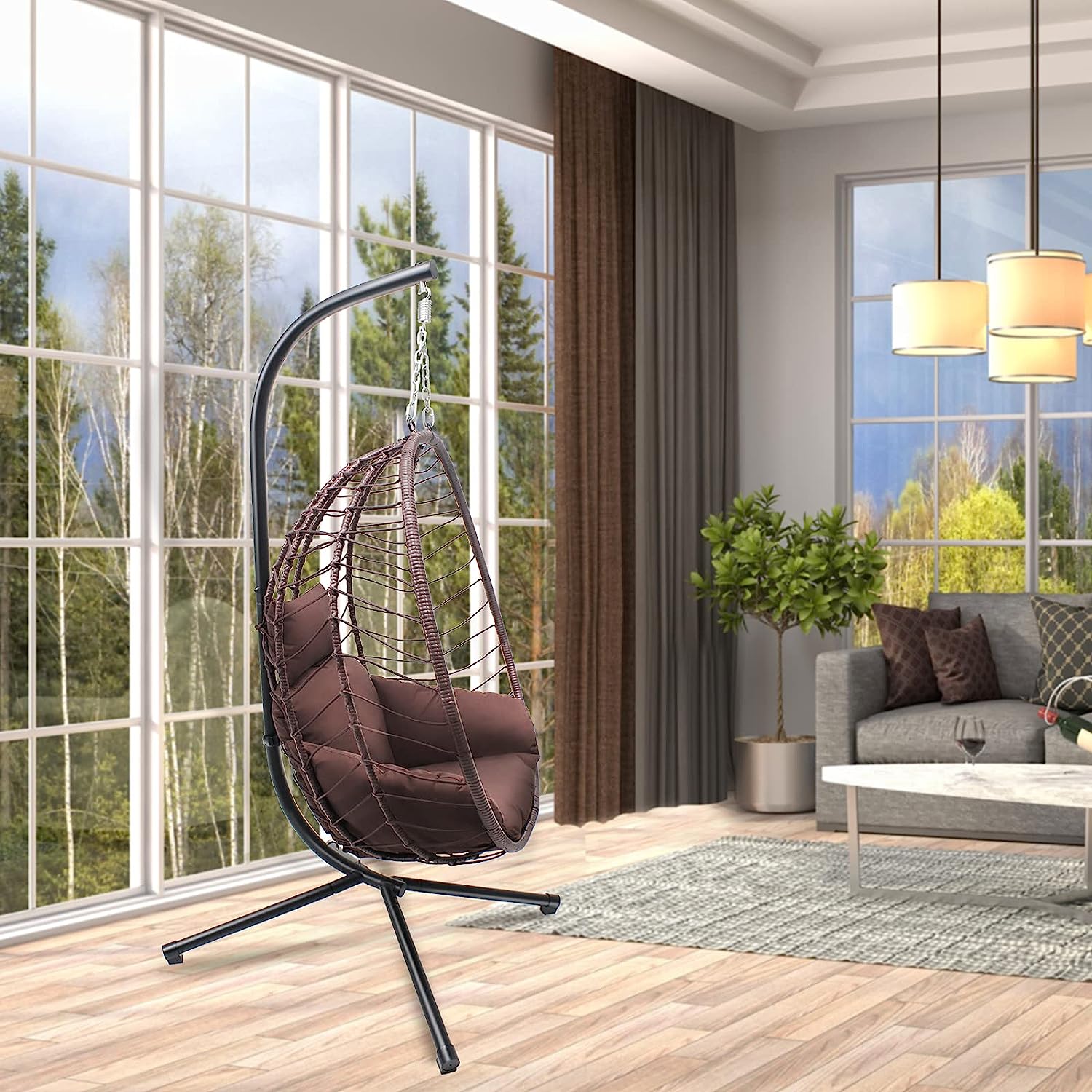 VARVIND Hammock Chair,Swing Egg Chiar with Stand and Cushions, Pillow, Foldable Wicker Rattan Hanging Egg Chair,Adjustable Height,Anti-UV&Waterproof, Indoor and Outdoor Use,286Lbs(Brown)