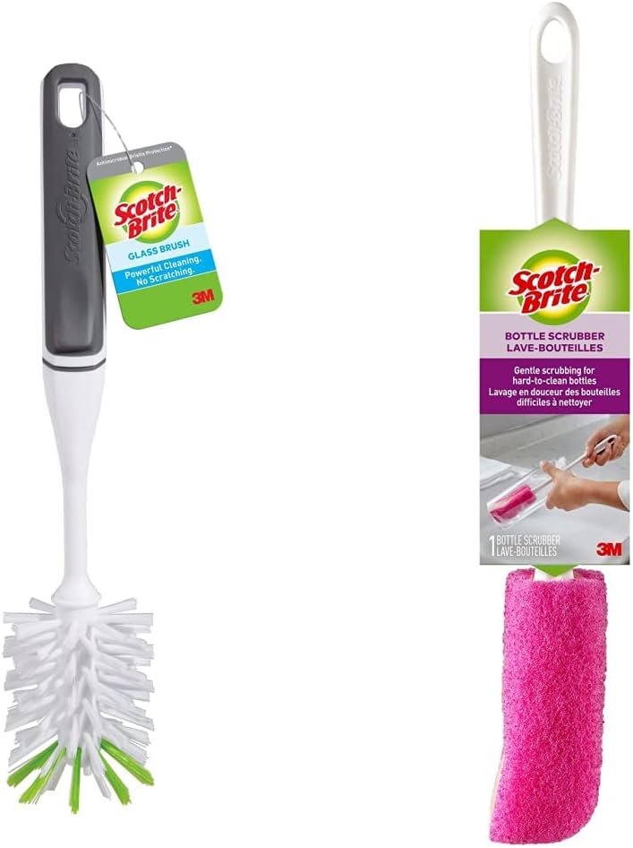 Scotch-Brite Kitchen Brush Kit - Glass and Water Bottle Brush & Advanced Soap Control Dishwand Brush - Scrub Brushes for Cleaning Kitchen and Washing Dishes