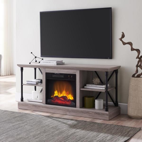 58.25 in. Industrial Open Architecture Media Electric Fireplace in Bleached Gray