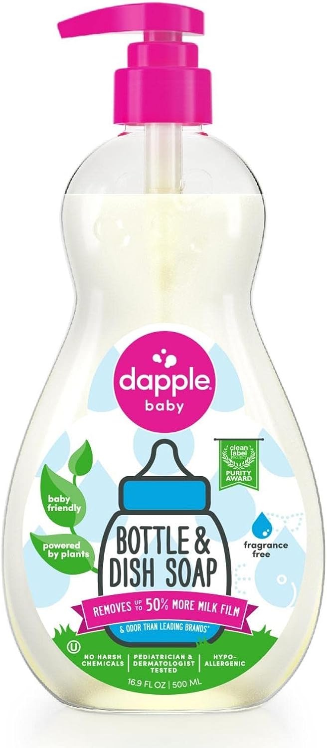Dapple Baby, Bottle and Dish Soap Dish Liquid Plant Based Hypoallergenic 1 Pump Included, Packaging May Vary, Fragrance Free, 16.9 Fl Oz (Pack of 3)