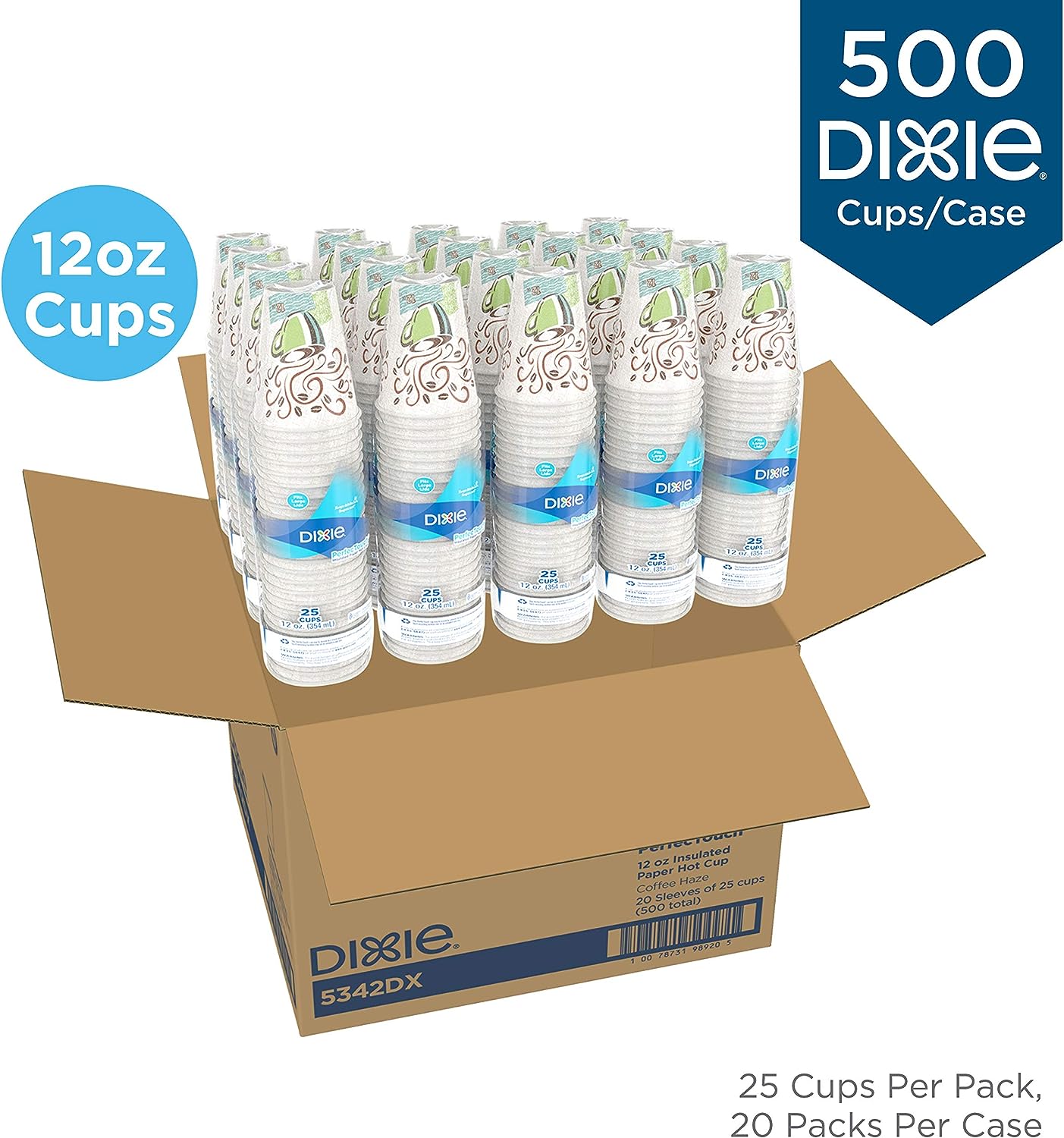 Dixie PerfecTouch 12 Oz Insulated Paper Hot Coffee Cup by GP PRO (Georgia-Pacific); Coffee Haze; 5342DX; 500 Count (25 Cups Per Sleeve; 20 Sleeves Per Case)