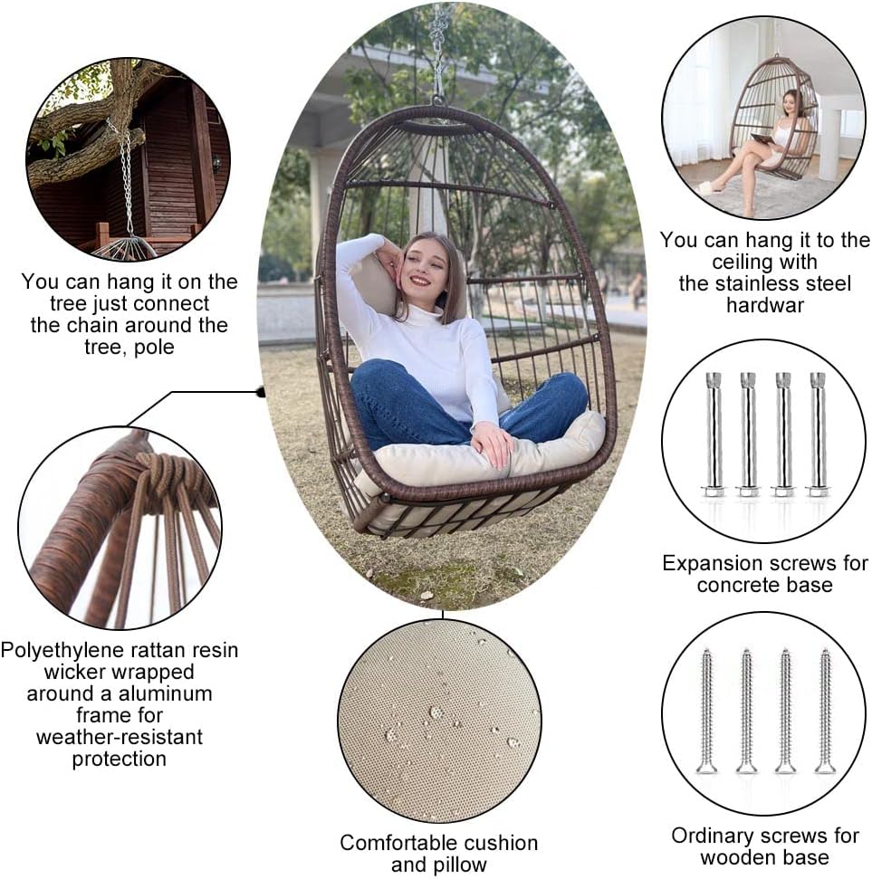 Swing Egg Chair Without Stand Indoor Outdoor Wicker Rattan Patio Basket Hanging Chair with UV Resistant Cushions 265lbs Capaticy for Bedroom Balcony Patio (Without Stand)