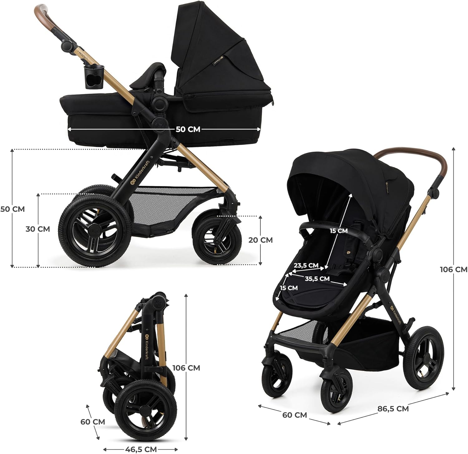 Kinderkraft MOOV2 Poussette 3 en 1, Système de voyage de la naissance à 27 kg, Siège auto Mink PRO I-Size inclus, Capote extensible avec filtre UPF50+, Accessoires pratiques, Gris