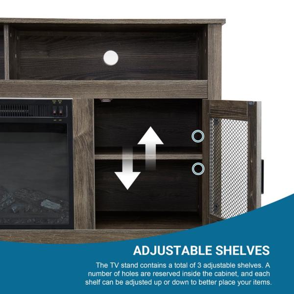 58.25 in. TV Stand Cabinet Sideboard with Electric Fireplace Grey Fits TV's Up to 65 in. with Ajustable Shelves