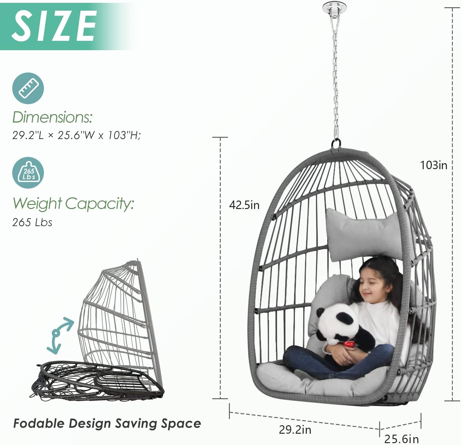 NICESOUL Hanging Egg Chair Without Stand PE Wicker Swing Hammock Egg Basket Ceiling Chairs with Cushions 265lbs Capaticy for Bedroom Living Room Patio Backyard Balcony (Brown)