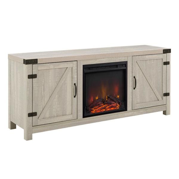 58 in. Stone Grey Wood and Metal Barn Door TV Stand Fits TVs up to 65 in. with Electric Fireplace