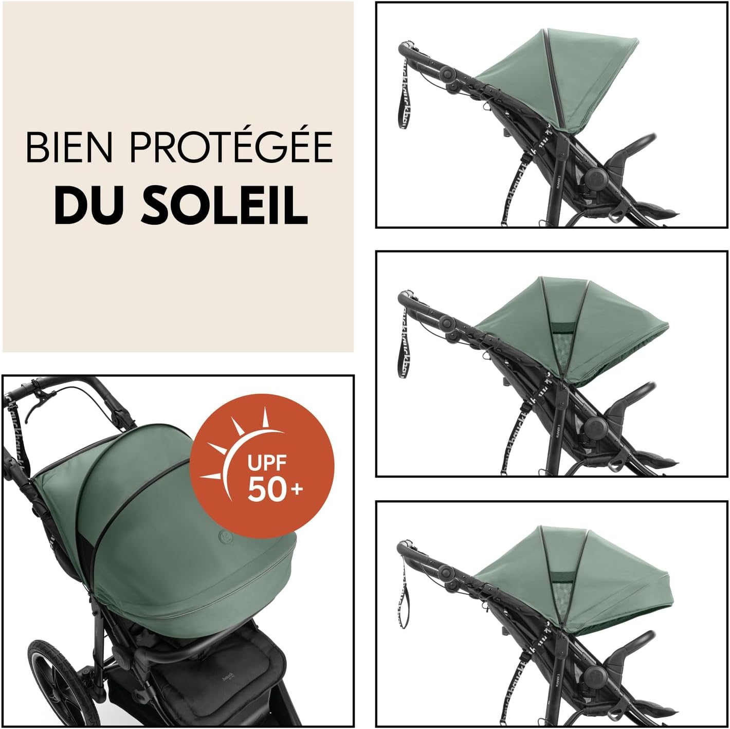 hauck Poussette 3 Roues Runner 3, Tout Terrain avec Roues XL Gonflables, Jusqu'à 22 kg, Frein à Main, Suspension, Canopy UPF 50+, Pliable, Panier, Position Allongée, Porte-Gobelet (Jungle Green)