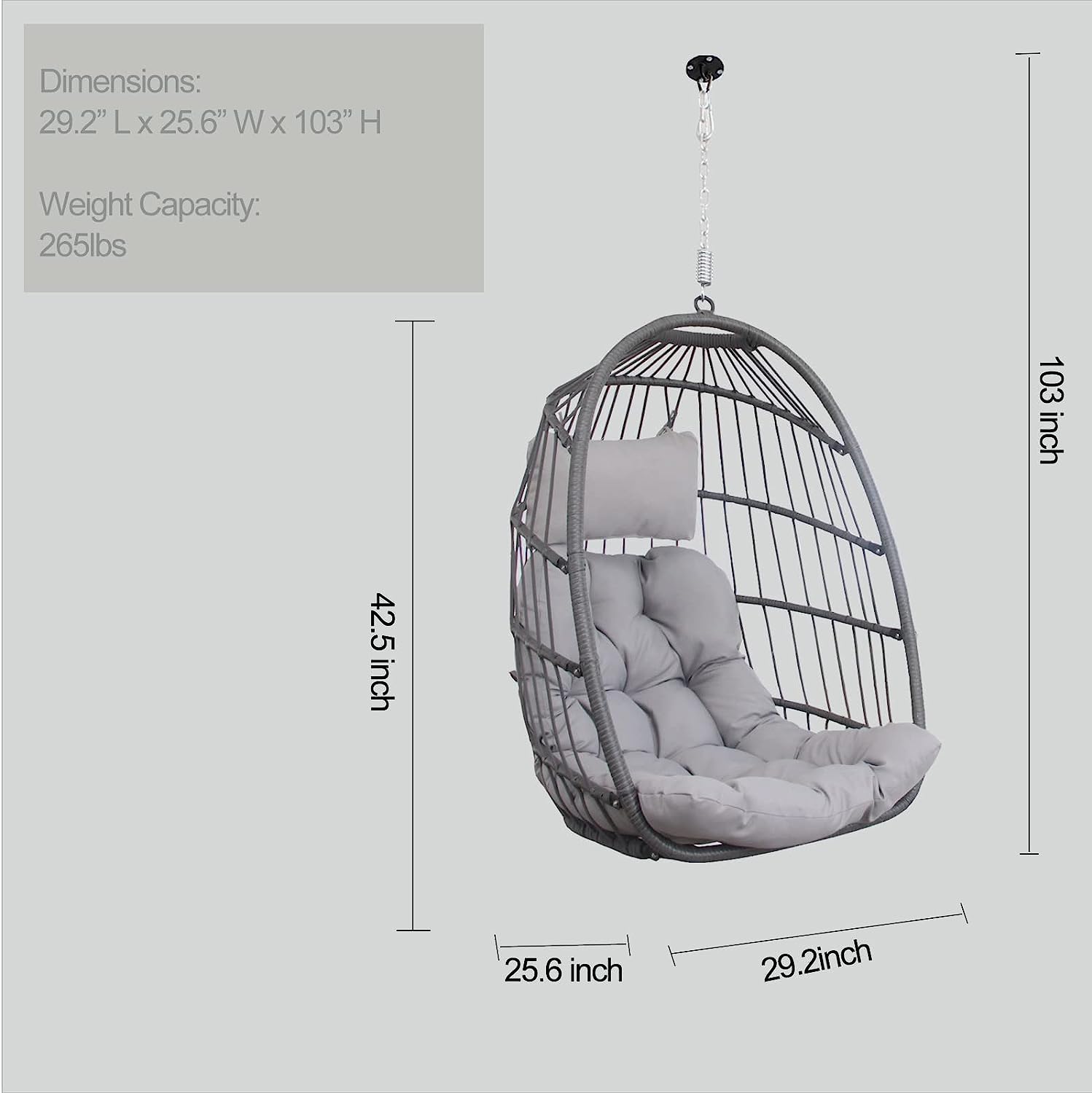 Swing Egg Chair Without Stand Indoor Outdoor Wicker Rattan Patio Basket Hanging Chair with UV Resistant Cushions 265lbs Capaticy for Bedroom Balcony Patio (Without Stand)