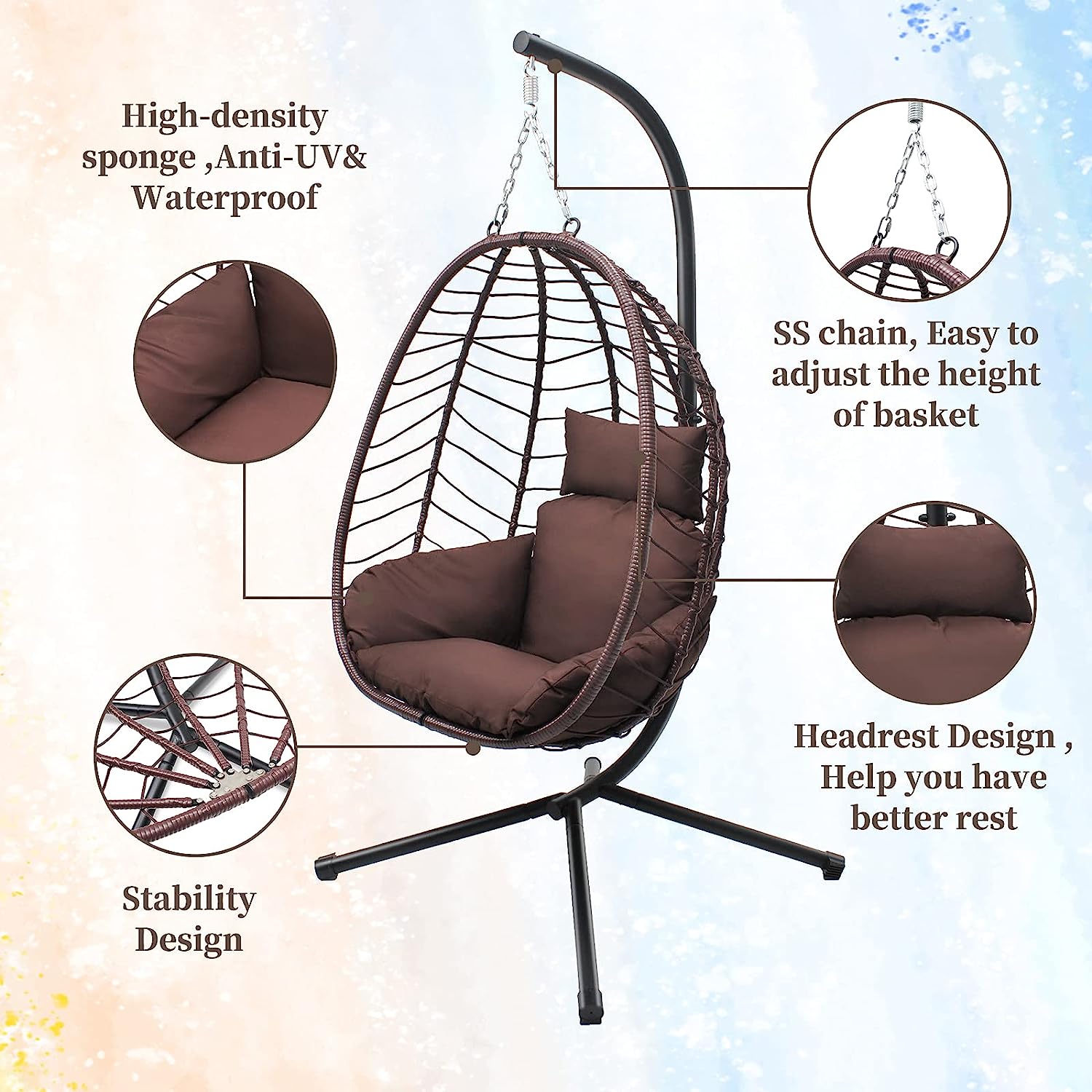 VARVIND Hammock Chair,Swing Egg Chiar with Stand and Cushions, Pillow, Foldable Wicker Rattan Hanging Egg Chair,Adjustable Height,Anti-UV&Waterproof, Indoor and Outdoor Use,286Lbs(Brown)
