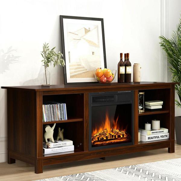 58 in. Fireplace TV Stand with 18 in. 1500-Watt Electric Fireplace 65 in. Walnut (2-Tier)