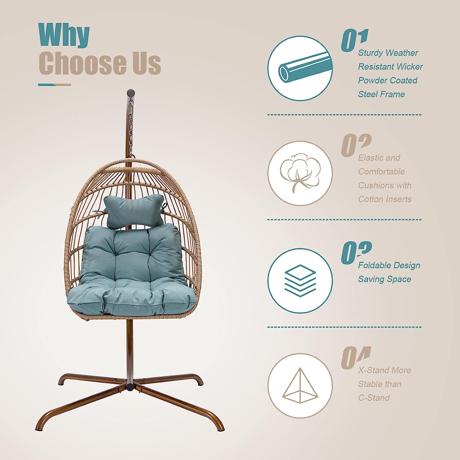 NICESOUL® Indoor Outdoor Patio Wicker Hanging Chair Swing Egg Basket Chairs with Stand UV Resistant Cushions 350lbs Capaticy for Patio Backyard Balcony Xmas Gift