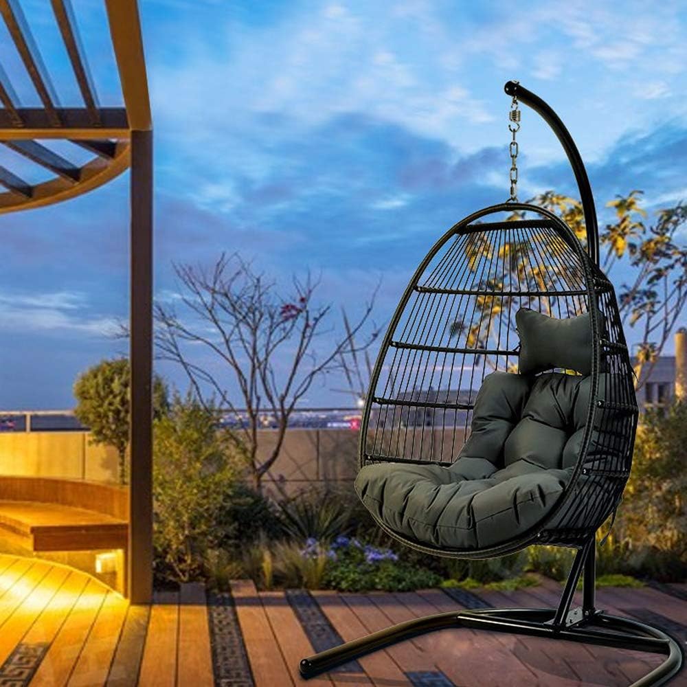 Foldable Swing Chair with Stand, Rattan Wicker Hanging Egg Chair Hammock Chair with Cushion and Pillow for Indoor Outdoor Bedroom Patio Garden (Dark Grey)