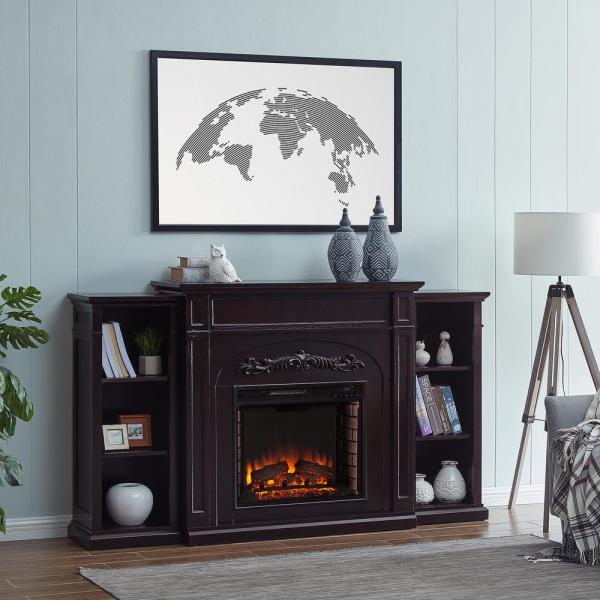 Overton 73 in. Electric Fireplace with Bookcases in Espresso