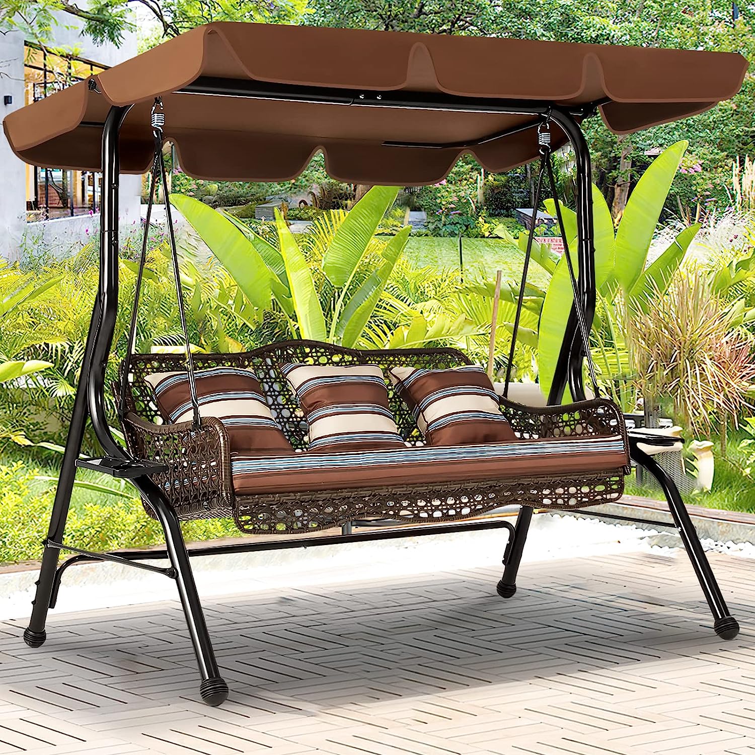 AECOJOY 3-Seat Outdoor Patio Swing Chair, Large Converting Canopy Porch Swing Glider, Hammock Lounge Chair for Porch, Rattan Wicker Steel Frame Cushion & Pillow, Brown