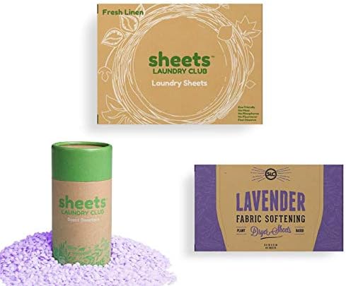 Sheets Laundry Club - 50 Fresh Linen(up to 100 loads) Laundry Detergent Sheets - 40 Lavender Dryer Sheets, 8oz Lavender Scent Booster Tube. Good for the earth and a breeze to use. Hypoallergenic